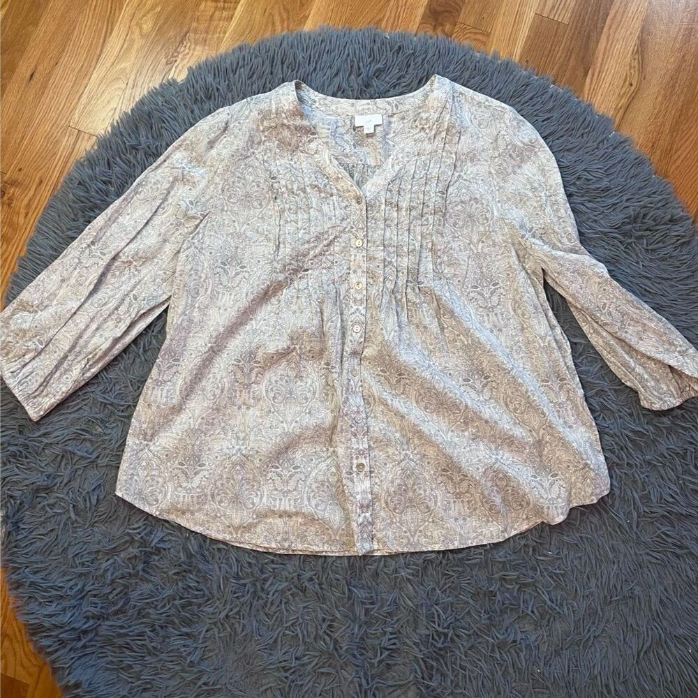 J.Jill Light Gray Paisley Print Button Front Blouse Size XL